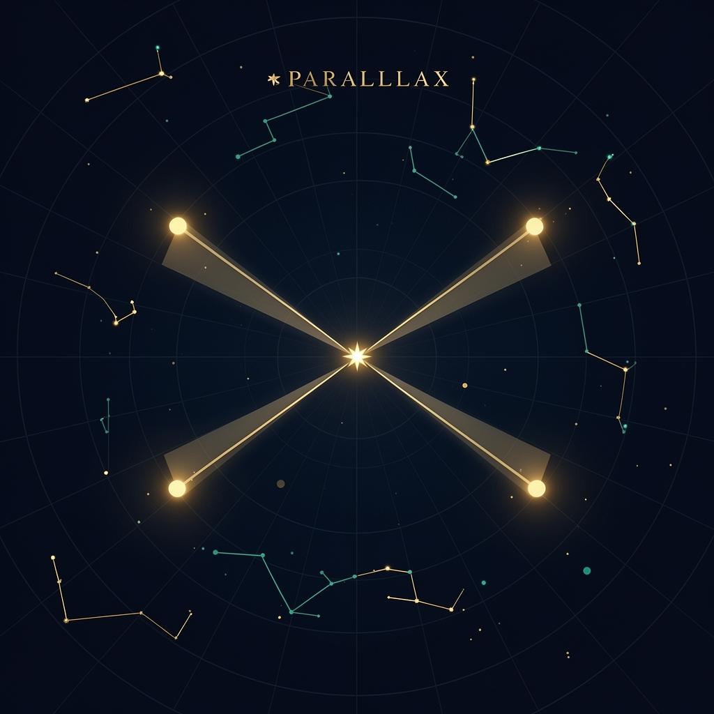 Parallax astronomy diagram: two observation points converging on a distant star